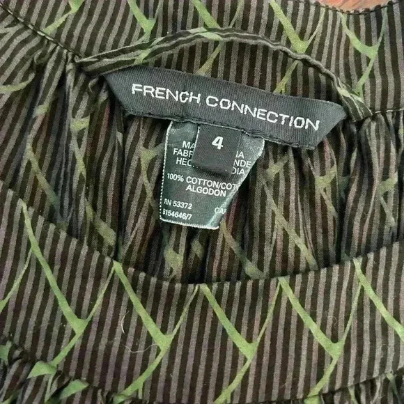 French Connection Cotton Dress Size 4 Green Grey Patterned Bell Sleeve - Picture 2 of 6
